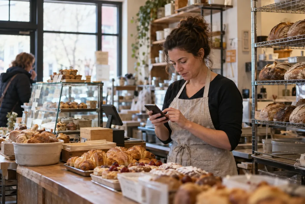 Bakery owner checking her business website on a smartphone behind the counter