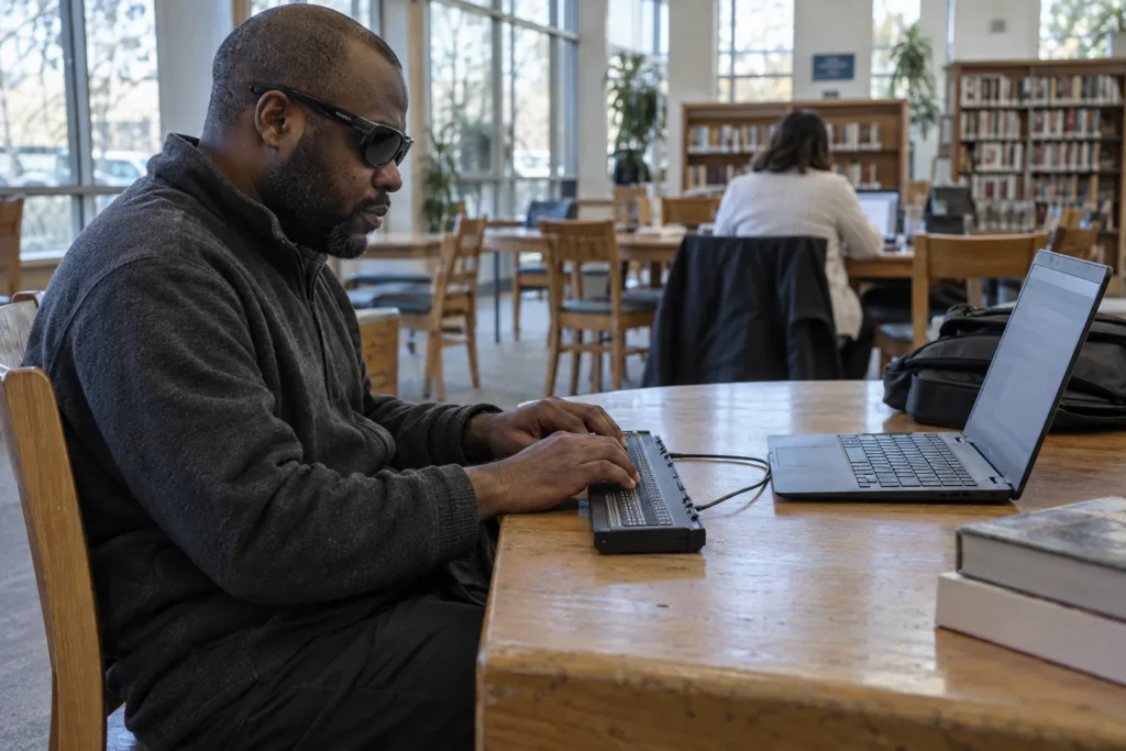 Library patron using a refreshable braille display to read a webpage on a laptop