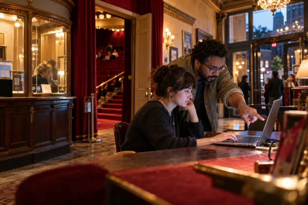 Theater staff testing an online ticket booking flow using a keyboard