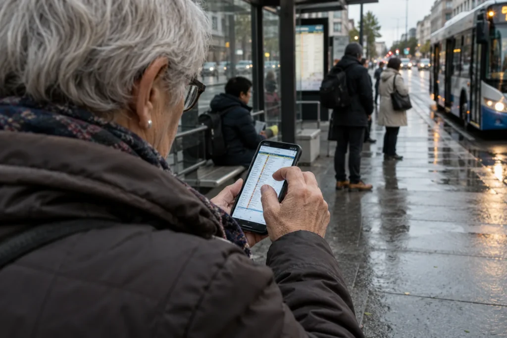 Commuter enlarging information on a phone at a bus stop