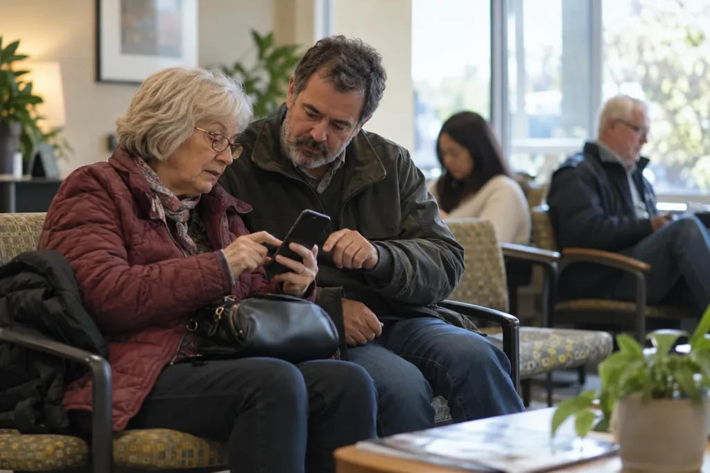 Patient getting help with an appointment form on a smartphone